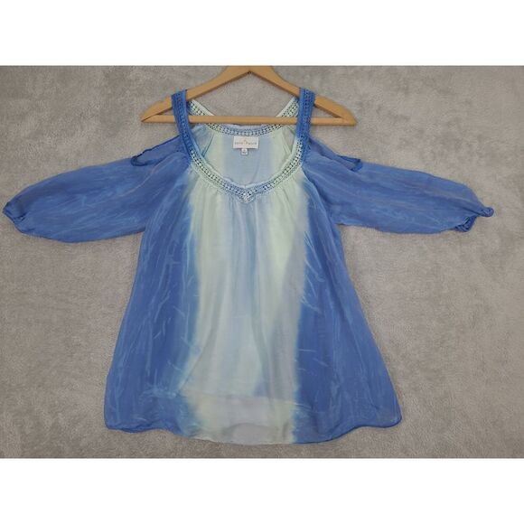 Belle France Cut Out Shoulder Ethereal Silk Blouse Sz S Blue Made in Italy Ombre - Picture 4 of 10
